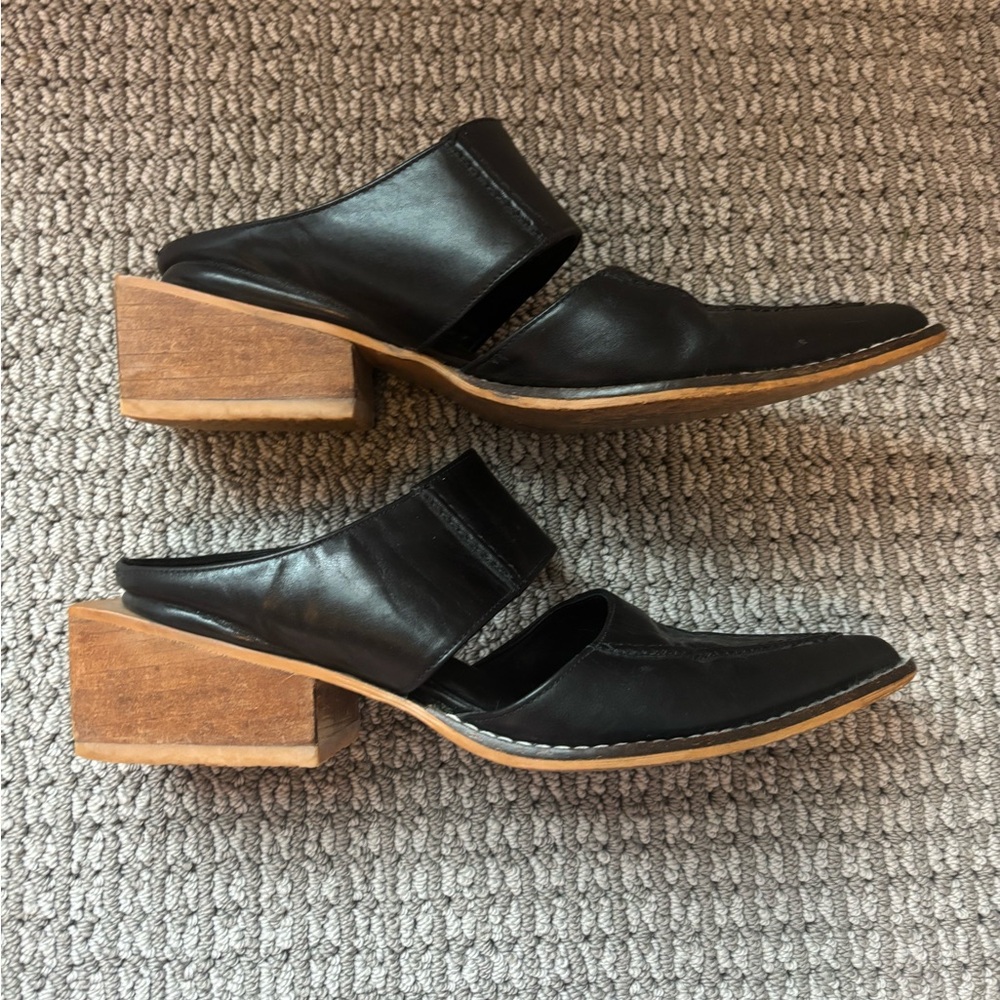 Women's Black Leather Block Heel Mules by Rotunda